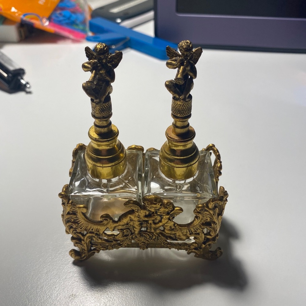 Vintage Pair Gold Ormolu Filigree Perfume Bottles in Caddy with Cherub